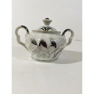 Lefton China Sugar Bowl White Silver Wheat Design #2213 Retro Vintage Kitchen